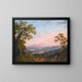 a painting titled "A view along the valley of the Tiber River towards Poggio Mirteto and beyond the illuminated Sabine Mountains by the evening sun" by Jakob Philipp Hackert — framed artwork on a wall