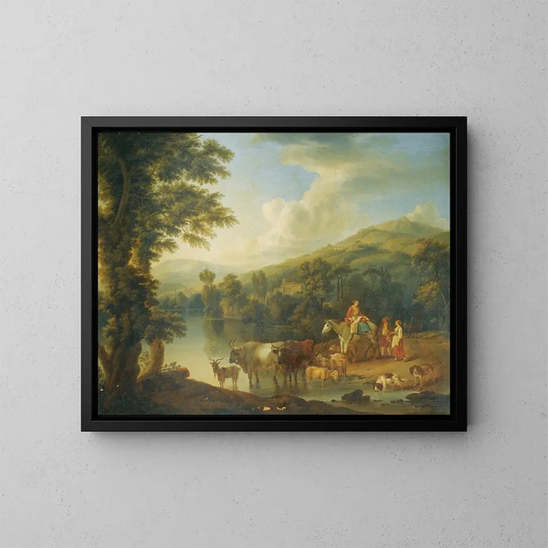 a wooded river landscape with a woman on a gray horse and animals drinking water - Jakob Philipp Hackert — framed artwork on a wall