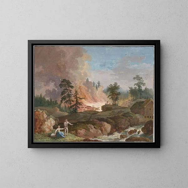 A Swedish landscape with peasants burning wood and a couple resting near a stream - Jakob Philipp Hackert — framed artwork on a wall