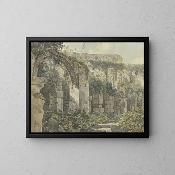 Roman Ruins with a Large Arch and Walls Overgrown by Plants - Jakob Philipp Hackert — framed artwork on a wall