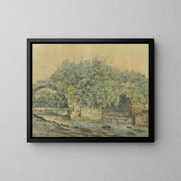 Ruined stone bridge over a stream overgrown with bushes and plants - Jakob Philipp Hackert — framed artwork on a wall