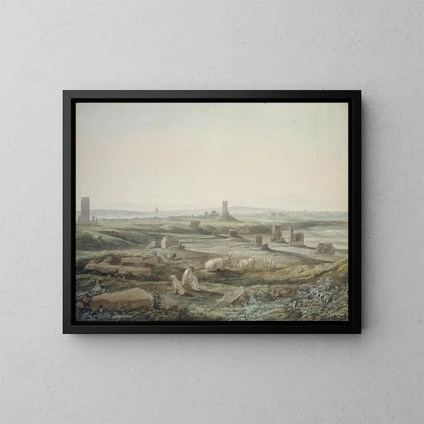 View of the Roman countryside from the Via Appia - Jakob Philipp Hackert — framed artwork on a wall