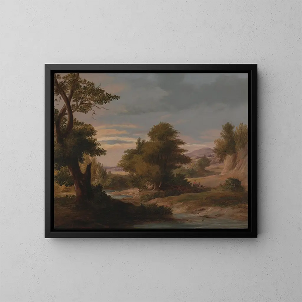 a wooded river landscape with a mother and her child - James Arthur O'Connor — framed artwork on a wall