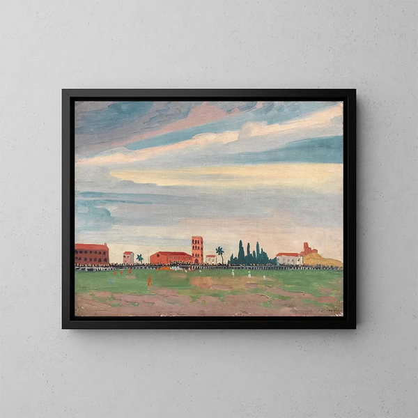 Football match painting in Collioure - James Dickson Innes — framed artwork on a wall