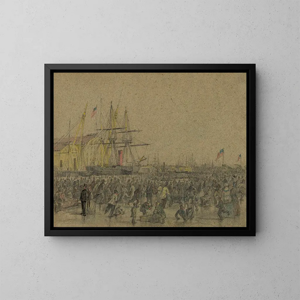 Escena en el río Delaware en Filadelfia durante el riguroso invierno de 1856 - James Fuller Queen — cuadro enmarcado en la pared
