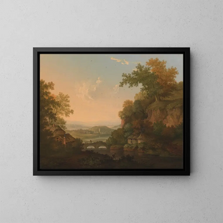 James Lambert of Lewes - A River Scene with Thatched Huts by a Bridge over a Weir.webp