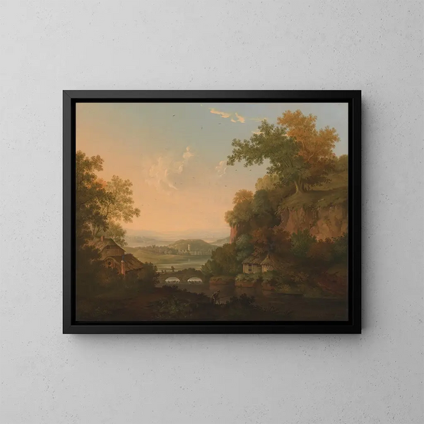 Una escena de río con cabañas de paja cerca de un puente sobre una esclusa - James Lambert de Lewes — cuadro enmarcado en la pared