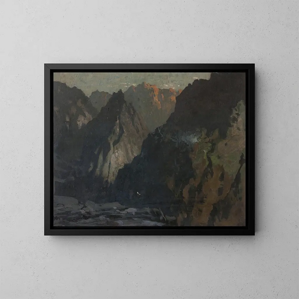 Mountain landscape painting, probably the Cuillins of Skye - James Paterson — framed artwork on a wall
