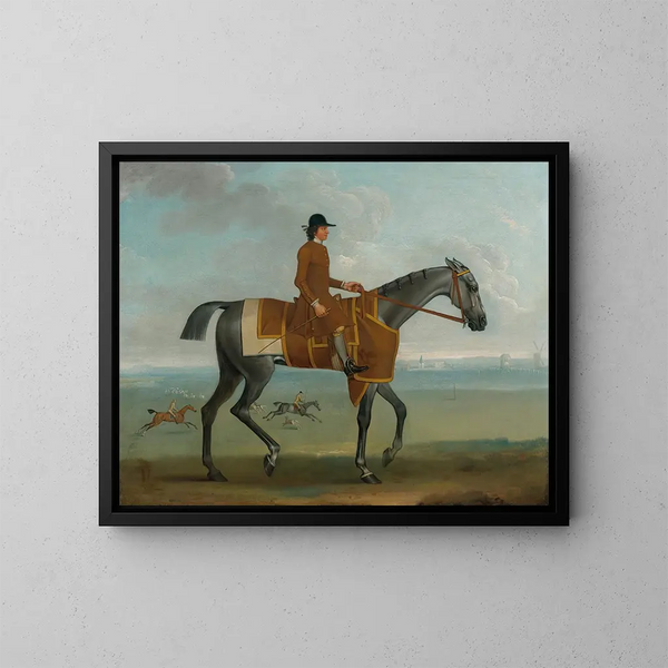 Un caballo de carreras gris con un jockey entrenando en Newmarket Heath - James Seymour — cuadro enmarcado en la pared
