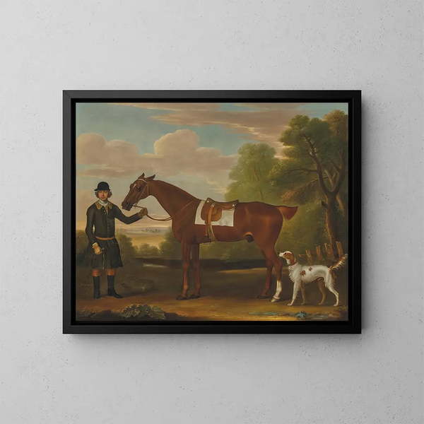 Lord Portmore y un caballo de caza alazán con silla, sostenido por un mozo de cuadra, con un epagneul en un paisaje - James Seymour — cuadro enmarcado en la pared
