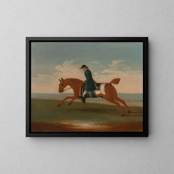 Uno de los cuatro retratos de caballos: un pura sangre alazán ejercitado por un entrenador con abrigo azul al galope - James Seymour — cuadro enmarcado en la pared