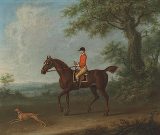 James Seymour - Sedbury with jockey up and a greyhound in an extensive wooded landscape with two country houses beyond.webp