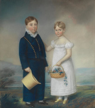 James Sharples - Boy Holding a Hat and Girl Holding a Basket of Flowers Standing in a Landscape.webp