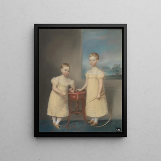 James Sharples - Two Children Wearing Yellow Dresses the Elder Holding a Rolling Hoop and Stick and the Younger Holding a Whip Top and Whip.webp