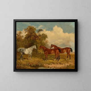 James Walsham Baldock - Two bay horses and a dappled grey in a field with trees on the left.webp