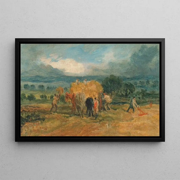 Escena de cosecha con obreros cargando heno en un carreón - James Ward — cuadro enmarcado en la pared