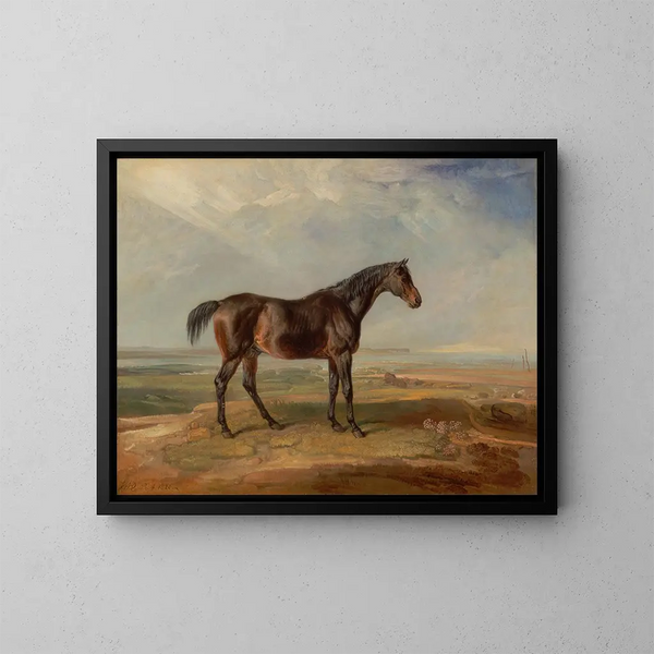 Un caballo de carreras bay junto al mar con un estuario en el fondo - James Ward — cuadro enmarcado en la pared