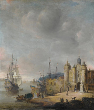 Jan Abrahamsz Beerstraaten - A Harbour Scene With A ManOfWar And Other Shipping Figures Conversing On The Shore.webp