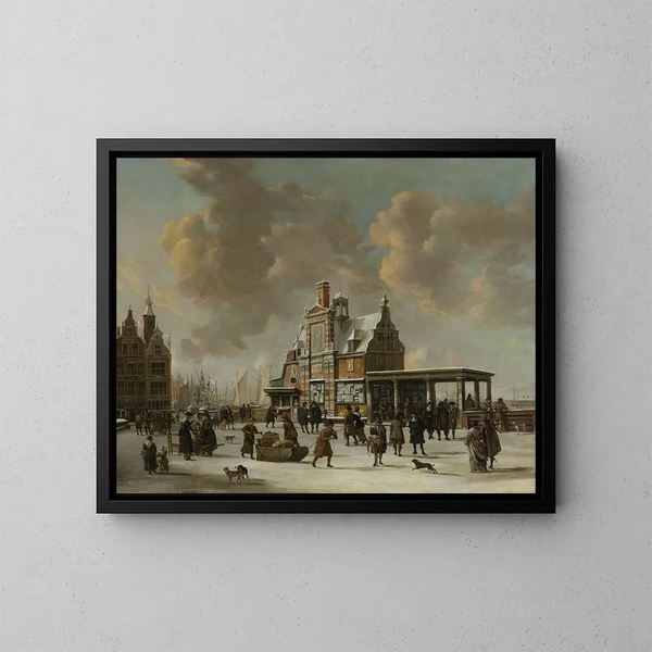 Le Paalhuis and the Nieuwe Brug of Amsterdam in winter - Jan Abrahamsz Beerstraaten — framed artwork on a wall