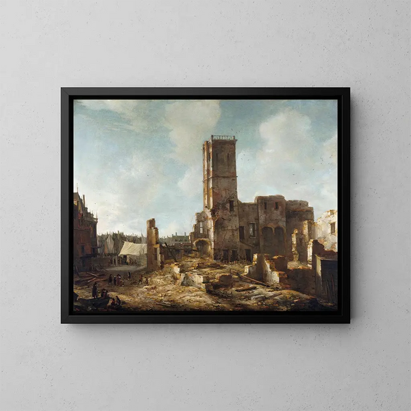 The ruins of the old Amsterdam City Hall after the fire of July 7, 1652 - Jan Abrahamsz Beerstraaten — framed artwork on a wall