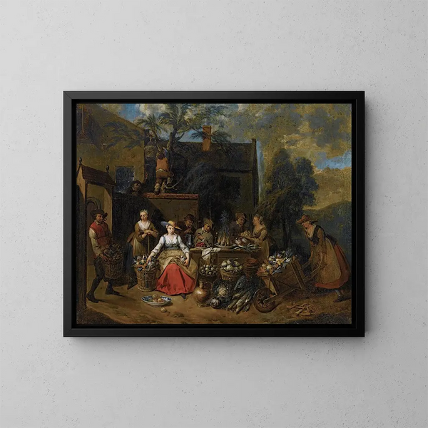 Una compañía elegante en un paisaje entre diferentes frutas y verduras, una mujer con una carretilla entrando por la derecha - Jan Baptist Lambrechts — cuadro enmarcado en la pared