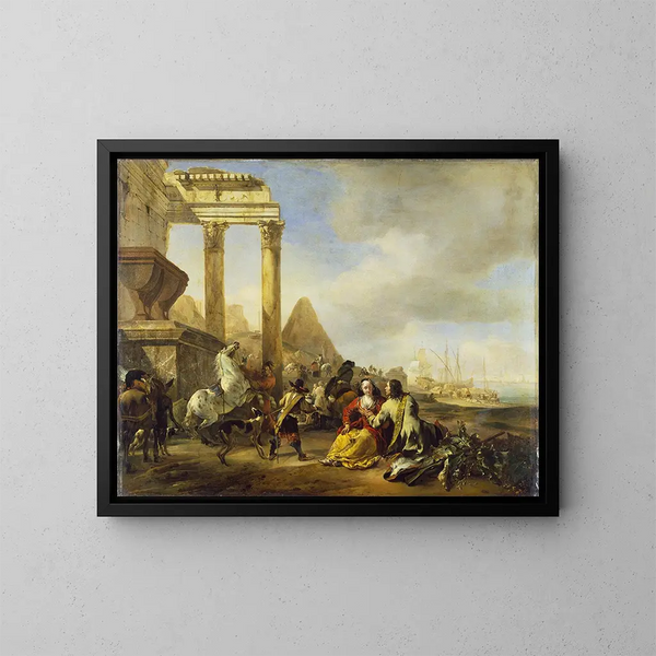 Una escena costera con ruinas clásicas - Jan Baptist Weenix — cuadro enmarcado en la pared