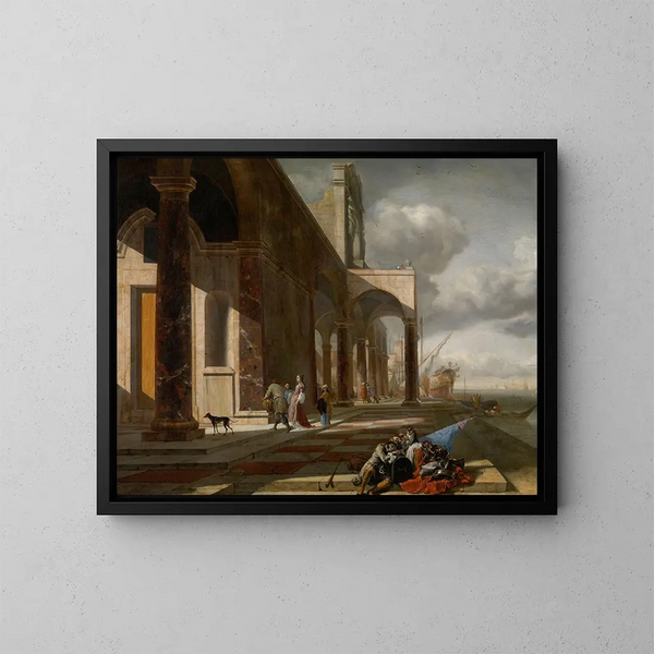 Un puerto de mar italiano - Jan Baptist Weenix — cuadro enmarcado en la pared