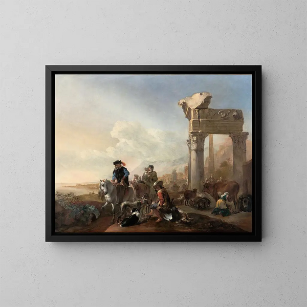 Cazadores cerca de las ruinas - Jan Baptist Weenix — cuadro enmarcado en la pared