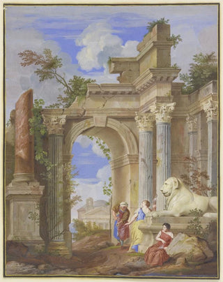 Jan Baptist Weenix - In den Ruinen rmischer Architektur die drei Parzen rechts ein Lwe aus Marmor.webp