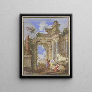 Jan Baptist Weenix - In den Ruinen rmischer Architektur die drei Parzen rechts ein Lwe aus Marmor.webp