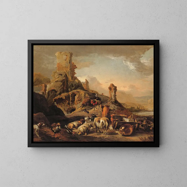 Bergère y su rebaño en un camino - Jan Baptist Weenix — cuadro enmarcado en la pared