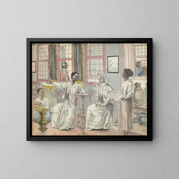 La visita en una casa europea en Batavia - Jan Brandes — cuadro enmarcado en la pared