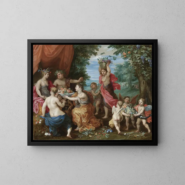 a Bacchanal with Ceres, Bacchus, and Venus - Jan Brueghel the Younger — framed artwork on a wall