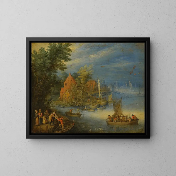 a city on the banks of a wide river with a heavily loaded ferry approaching the shore in the foreground - Jan Brueghel the Younger — framed artwork on a wall