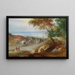 Extended hilly landscape painting with travelers on a path and livestock in the foreground - Jan Brueghel the Younger — framed artwork on a wall