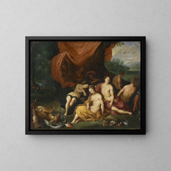 Diane and her nymphs after the hunt - Jan Brueghel the Younger — framed artwork on a wall
