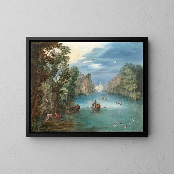 River landscape painting with animated characters - Jan Brueghel the Younger — framed artwork on a wall