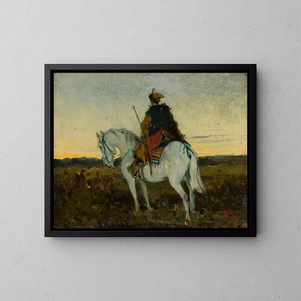 Cavalier oriental sur un cheval blanc - Jan Chełmiński — cuadro enmarcado en la pared