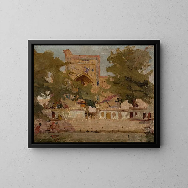 Mosquée ancienne de Boukhara au bord du lac - Jan Cybis — framed artwork on a wall