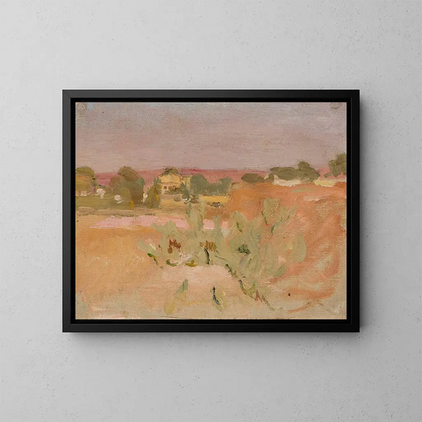 Landscape with pink and cacti - Jan Cybis — framed artwork on a wall