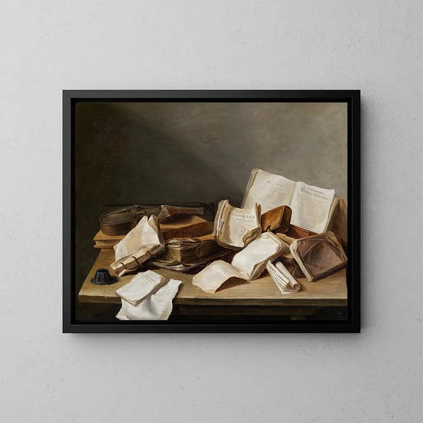 Naturaleza muerta con libros y un violín - Jan Davidsz de Heem — cuadro enmarcado en la pared