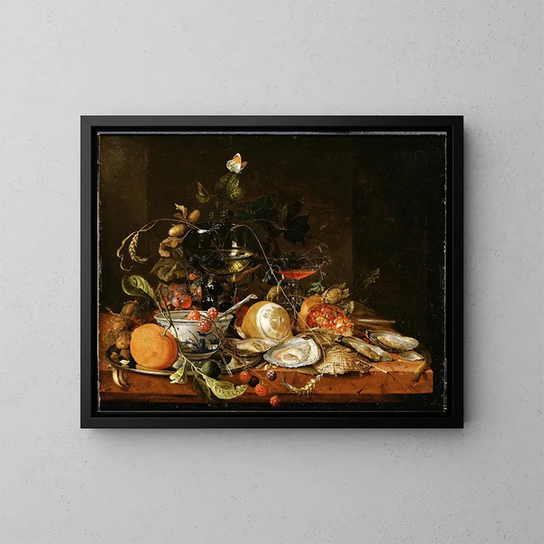 naturaleza muerta con vino, frutas y ostras - Jan Davidsz de Heem — cuadro enmarcado en la pared