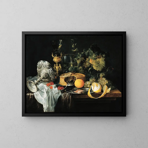 naturaleza muerta lujosa con tarta de frutas y copas - Jan Davidsz de Heem — cuadro enmarcado en la pared
