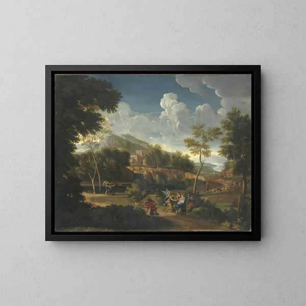 Un vasto paisaje con el descanso durante la huida a Egipto - Jan Frans van Bloemen — cuadro enmarcado en la pared