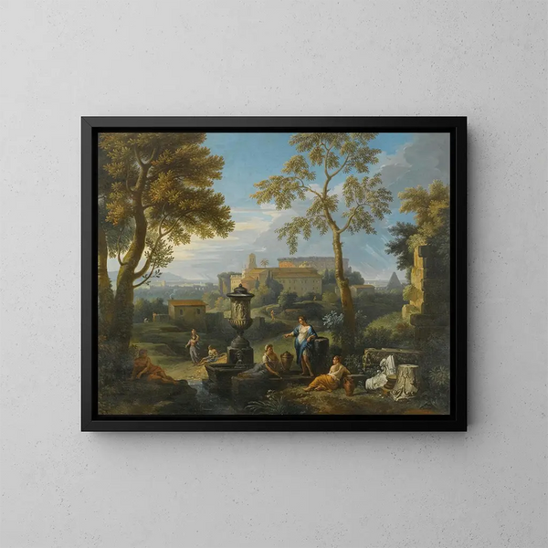 Figuras clásicas sentadas cerca de ruinas en un paisaje italiano - Jan Frans van Bloemen — cuadro enmarcado en la pared