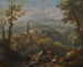 Landscape painting in italics with three figures in the foreground, perched villages, and a church in the distance - Jan Frans van Bloemen — artwork view