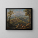 Landscape painting in italics with three figures in the foreground, perched villages, and a church in the distance - Jan Frans van Bloemen — framed artwork on a wall