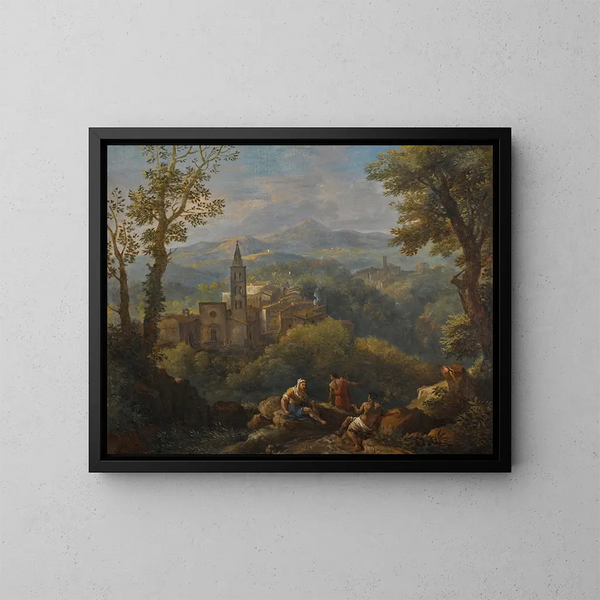 Paisaje en cursiva con tres figuras en primer plano, pueblos colgados y una iglesia a lo lejos - Jan Frans van Bloemen — cuadro enmarcado en la pared