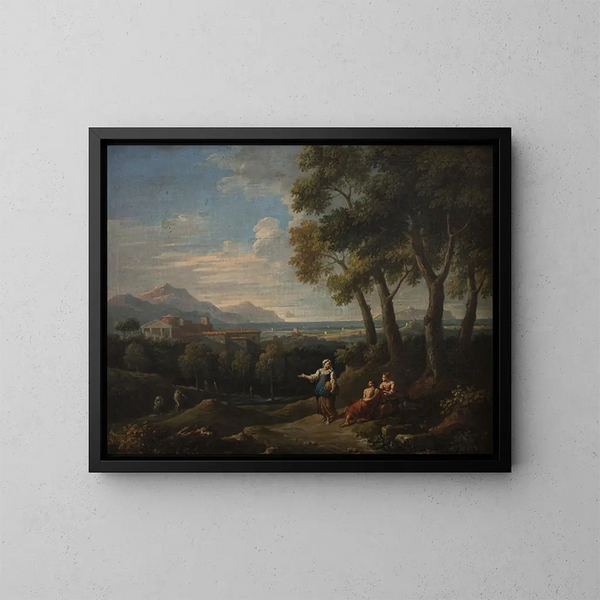 Paisaje con una escena de género - Jan Frans van Bloemen — cuadro enmarcado en la pared