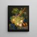 Una naturaleza muerta con uvas y duraznos en una cesta, una granada abierta, ciruelas, uvas negras y aún más duraznos, todo sobre un alféizar de mármol - Jan Frans van Dael — cuadro enmarcado en la pared